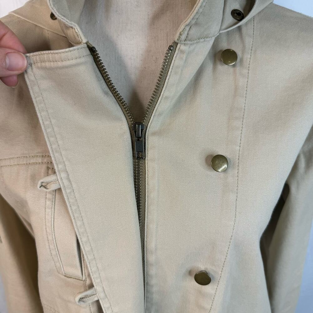 CAbi Nanook Tan Cotton Twill Utility Jacket Lightweight Faux Fur Hood Size Small - Picture 6 of 13